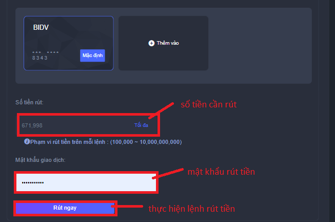 Nhập thông tin cần thiết để rút tiền