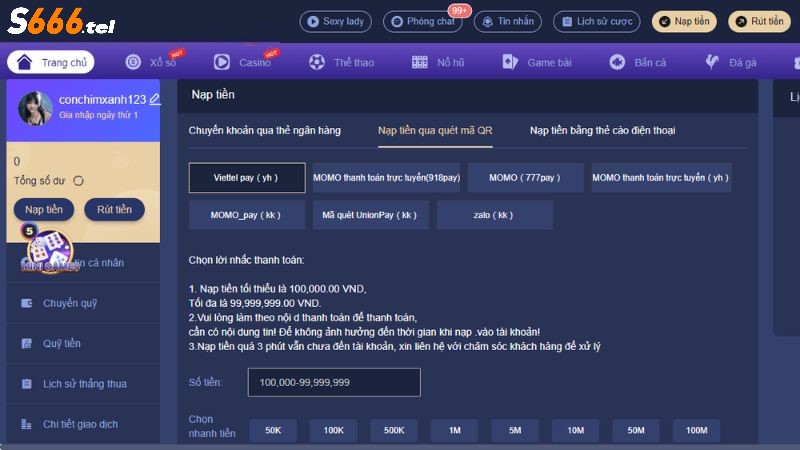 Hướng dẫn nạp tiền S666 nhanh nhất hiện nay